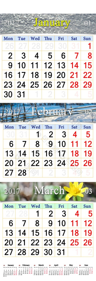 日历为1月2月和3月与图片办公室日历为1月2月和3月与图片自然墙日历为第一个季度