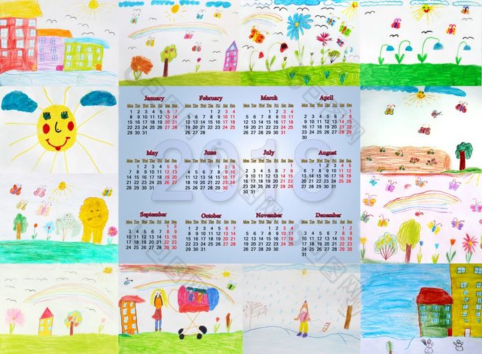 日历为与幼稚的图纸美丽的日历为与不同的幼稚的图纸为每一个月