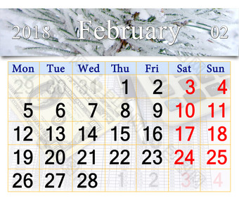 日历为2月与雪松分支机构日历为2月与雪松分支机构的森林