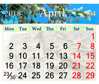 日历为4月与图像鸟樱桃树日历为4月的背景春天鸟樱桃树