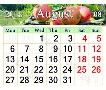 日历为8月一年与苹果的分支美丽的日历为8月一年与成熟的苹果的分支日历为印刷和使用办公室生活