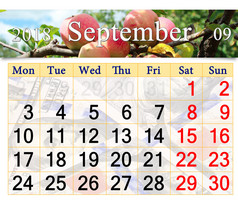 日历为9月一年与苹果的分支美丽的日历为9月一年与成熟的苹果的分支日历为印刷和使用办公室生活