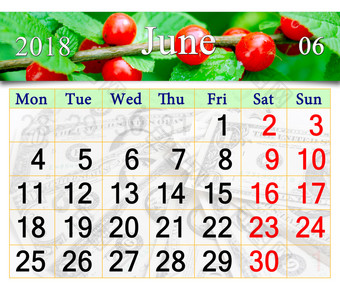 日历为6月与红色的浆果李属tomentosa日历为7月与红色的浆果李属tomentosa和绿色叶子日历为印刷和使用办公室生活