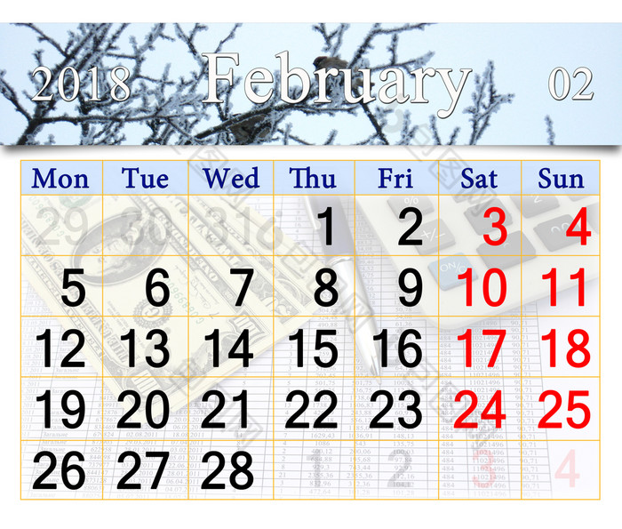 日历为1月与冬天麻雀日历为1月与丝带飞行麻雀以上的雪分支