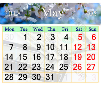 日历为五月与盛开的樱桃树日历为五月与白色盛开的樱桃树