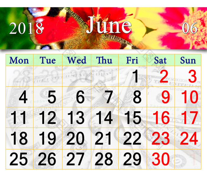 日历为6月与蝴蝶孔雀眼睛美丽的日历为6月与图像蝴蝶孔雀眼睛