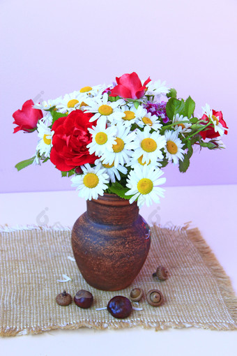 花束白色雏菊和红色的玫瑰粘土能解雇花能淡紫色背景Chamomiles和红色的玫瑰花瓶表格花能淡紫色背景Chamomiles和红色的玫瑰花瓶表格