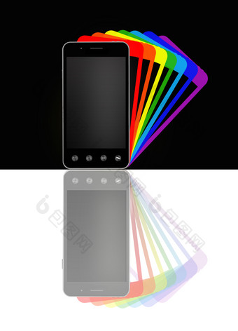 智能手机与色彩斑斓的阴影插图移动电话黑色的和白色背景现代沟通技术黑色的智能手机与五彩缤纷的阴影智能手机与色彩斑斓的阴影插图移动电话黑色的