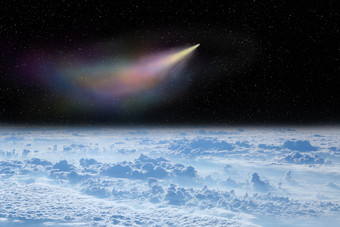 彗星飞行空间在白色云彗星飞行空间在地球地球空间景观布满星星的天空与下降彗星以上表面地球视图云在地球从空间彗星飞行空间在白色云空间景观地球和彗星