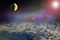 月亮发光的开放空间以上云地球宇宙景观美丽的空间景观与星云月亮和云阳光明媚的射线照亮在射线以上白色云月亮发光的开放空间以上云地球宇宙景观