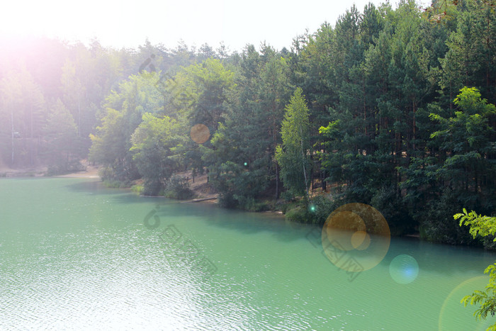 美丽的森林湖与翡翠水松森林美妙的自然视图水全景野生自然森林湖照亮阳光明媚的射线美丽的湖全景森林湖照亮阳光明媚的射线美丽的湖全景