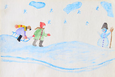 色彩斑斓的画孩子们是滑雪橇雪山和雪人画孩子们滑雪橇雪山和雪人孩子们拖雪橇有有趣的冬天冬天有趣的假期概念色彩斑斓的画孩子们是滑雪橇雪山和雪人