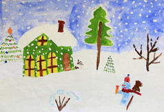 圣诞节幼稚的画令人难以置信的雪人和房子孩子们有趣的画房子站雪山雪人和降雪冬天画孩子色彩斑斓的画房子站雪山和降雪