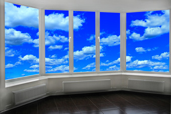 窗口房间俯瞰蓝色的天空与白色云现代窗口与天空全景天上的景观见过从窗口细节现代室内窗口设计房间窗口房间俯瞰蓝色的天空与白色云天上的景观