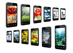智能手机与不同的照片行移动手机与图片自然现代通信数字技术智能手机孤立的智能手机与不同的照片行数字技术