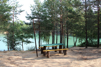 表格与长椅为休息海岸森林湖休息森林湖与绿松石水放松概念长椅松木附近美丽的湖假期松柏科的森林表格与长椅为休息海岸森林湖放松概念