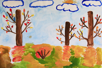 彩色的秋天孩子们rsquo画与树黄色的叶子和云绘画水彩景观与树云秋天美自然秋天季节秋天的公园艺术作品绘画水彩景观与树云秋天美自然