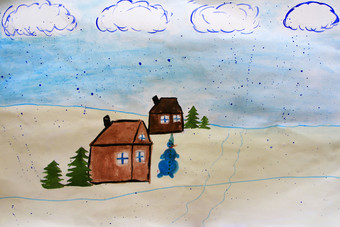画孩子们与雪人房子梳理冬天景观村幼稚的艺术作品关于冬天新一年假期冬天风景雪农村景观与孤独的房子冬天景观村幼稚的艺术作品关于冬天新一年假期