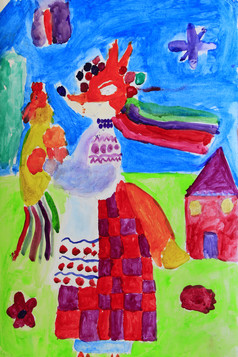 孩子们rsquo画与令人难以置信的狐狸穿着国家乌克兰衣服乌克兰人演讲与狐狸和公鸡色彩斑斓的画孩子艺术作品与画孩子们rsquo画与令人难以置信的狐狸与服装艺术作品与画