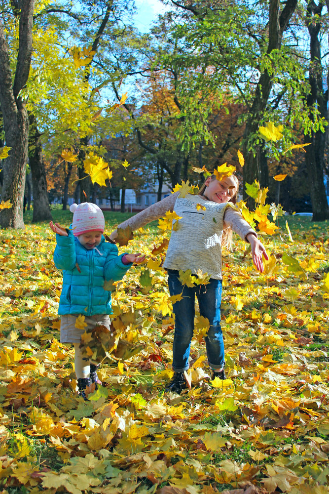 年轻的漂亮的姐妹跳黄色的叶子秋天公园蔡尔兹与秋天叶子小女孩秋天森林秋天的情绪秋天的走快乐童年好情绪年轻的姐妹跳黄色的叶子秋天公园快乐童年