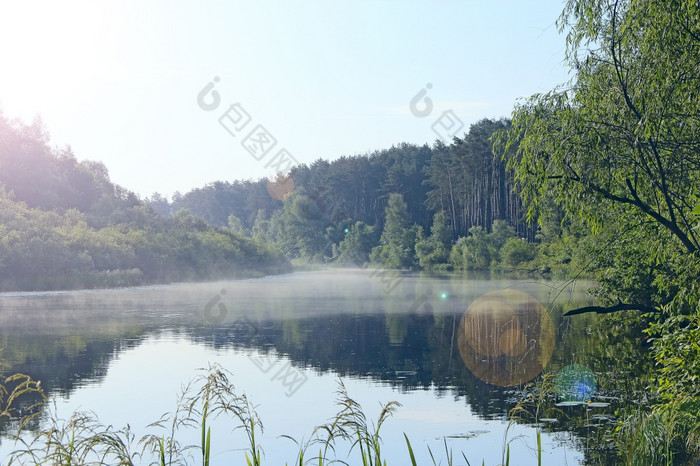 早....日出在的河美妙的夏天景观的河覆盖与雾黎明森林反映了的河夏天河覆盖与雾黎明森林反映了的河夏天