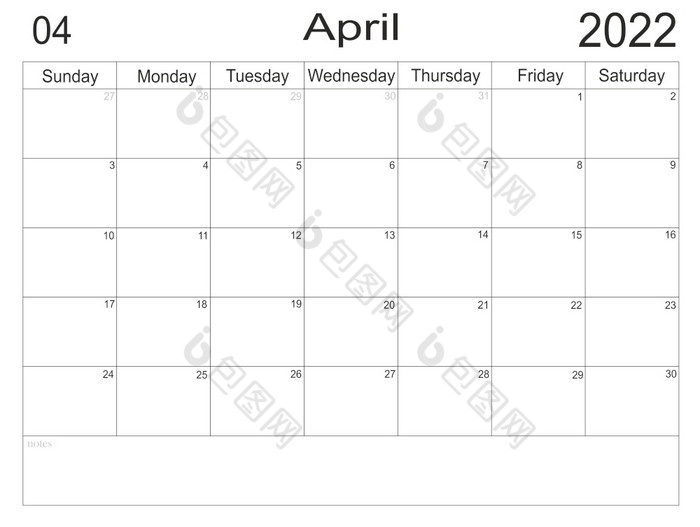 日历4月时间表与空白请注意为列表纸背景规划师4月空细胞规划师每月组织者日历周日开始信格式规划师4月空细胞规划师每月组织者日历