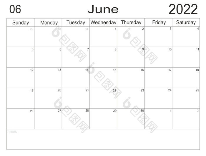 日历6月时间表与空白请注意为列表纸背景规划师6月空细胞规划师每月组织者日历周日开始信格式规划师6月空细胞规划师每月组织者日历