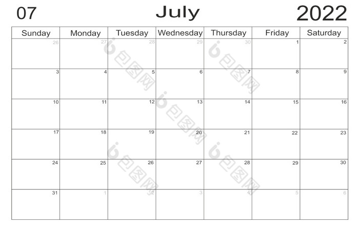 日历7月时间表与空白请注意为列表纸背景规划师7月空细胞规划师每月组织者日历周日开始一半信规划师7月空细胞规划师每月组织者日历