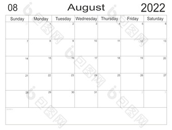日历8月时间表与空白请注意为列表纸背景<strong>规划</strong>师8月空细胞<strong>规划</strong>师每月组织者日历周日开始<strong>规划</strong>师8月空细胞<strong>规划</strong>师每月组织者日历