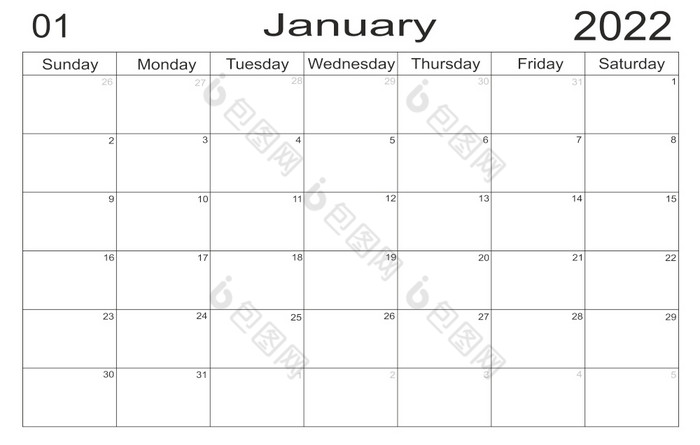 日历1月时间表与空白请注意为列表纸背景规划师1月空细胞规划师每月组织者日历周日开始一半信规划师1月空细胞规划师每月组织者日历