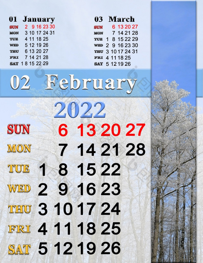 日历为2月与树覆盖白霜照片日历简单的日历可打印的信大小办公室规划师周日开始日历为2月与松分支覆盖白霜照片日历