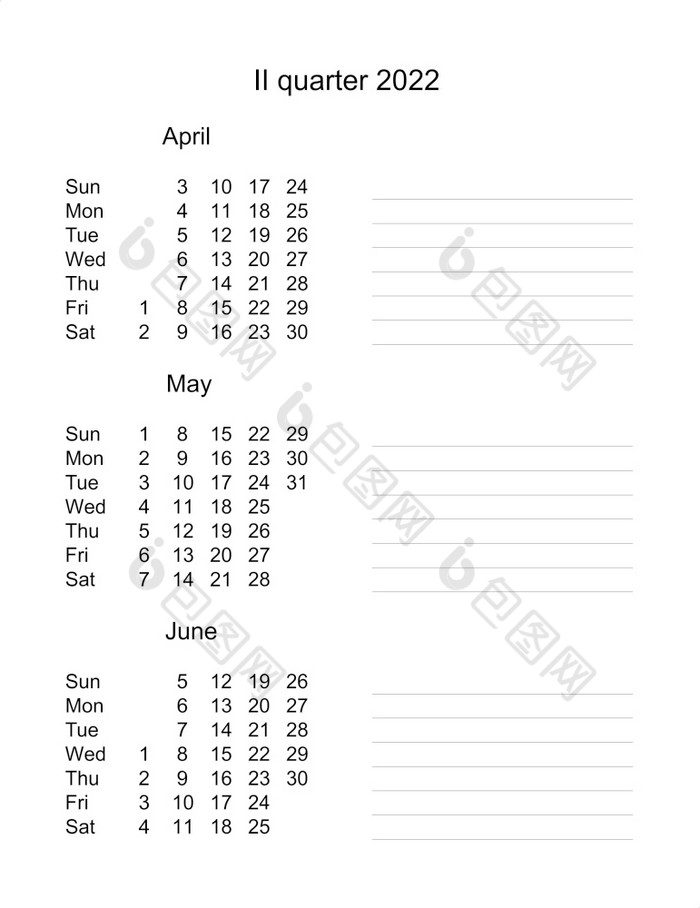 日历为第二个季度三个个月季度季度日历英语每月规划师季度规划师业务组织者日历4月五月6月三个个月季度季度日历英语业务组织者