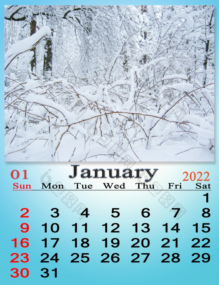 1月日历为组织者计划和提醒自然背景日历为1月与图像分支机构树覆盖雪每月日历1月日历为组织者计划和提醒自然背景