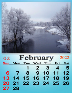 2月日历为组织者计划和提醒自然背景日历为2月与丝带冬天河每月日历2月日历为组织者计划和提醒自然背景