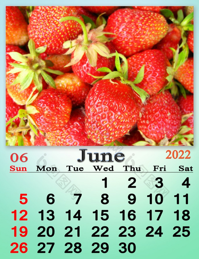 6月日历为组织者计划和提醒自然背景日历为6月与图像与成熟的红色的草莓每月日历成熟的草莓6月日历为组织者计划和提醒自然背景