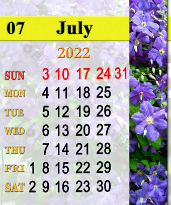 7月日历为组织者计划和提醒自然背景日历为7月与图像与美丽的花铁线莲每月日历日历为7月与图像与美丽的花铁线莲