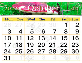 日历为10月与图像与成熟的红色的苹果的分支树每月日历日历为10月与图像蘑菇Russula日历为10月与图像蘑菇Russula