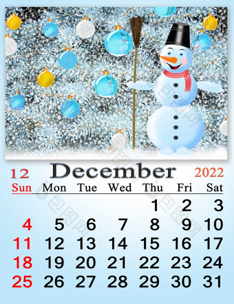 美丽的日历为12月与图片新一年树和令人难以置信的雪人新一年树与雪人彩色的气球和日历首页规划师日历为12月与图片令人难以置信的雪人首页规划师