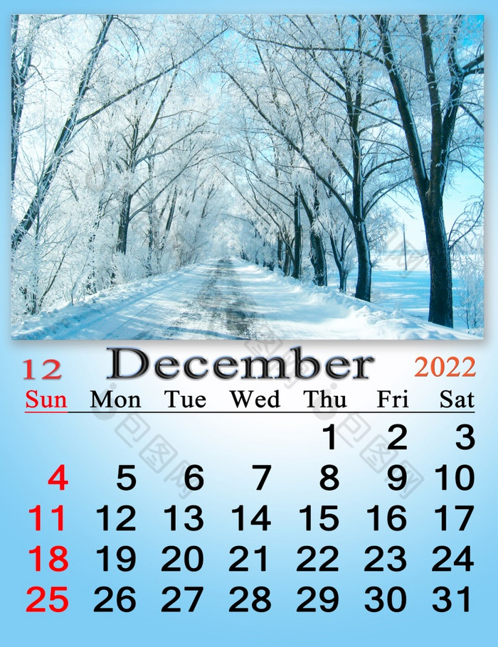 美丽的日历为12月与图片冬天路覆盖与雪和白霜新一年月与树覆盖与霜和日历首页规划师天气calensar日历为12月与图片与松分支覆盖与雪