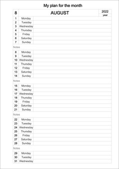 8月日历模板一年每月日历每天规划师规划师日记极简主义风格企业和业务日历组织者日历模板为8月一年规划师日记极简主义风格