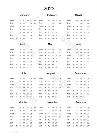 日历可打印的日历为周一开始极简主义风格日历可打印的日历为极简主义风格