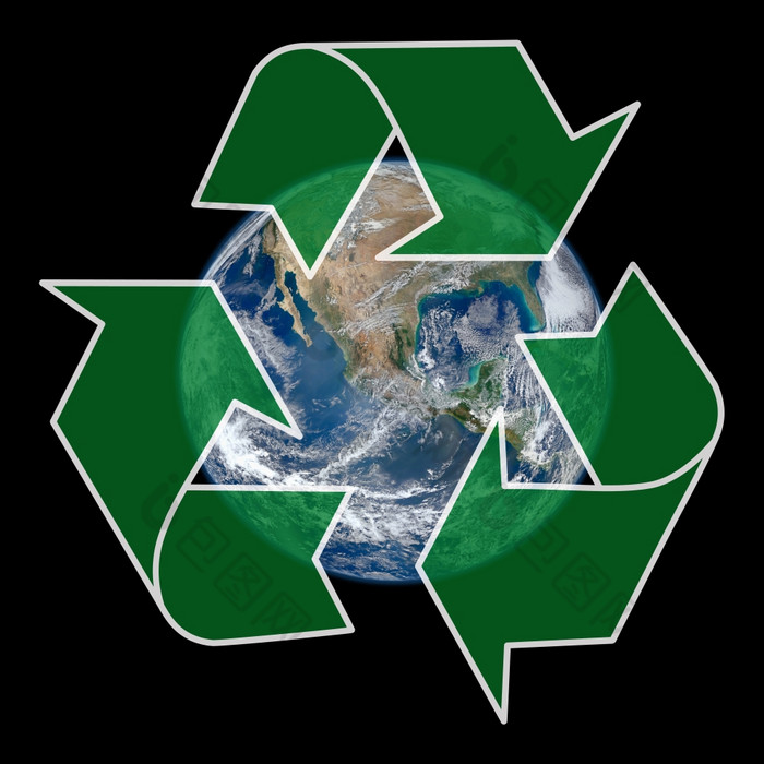 地球与绿色回收标志在黑色的背景地球照片礼貌美国宇航局国家海洋和大气管理局全球自然科学基金芬兰语核电站七级社诺曼Kuring