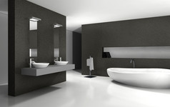 浴室与现代而且当代设计而且家具黑色的而且白色呈现