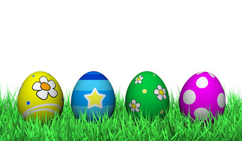 四个复活节鸡蛋绿色草画与花星星而且色彩斑斓的孩子们装饰白色背景