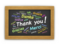 国际谢谢你色彩斑斓的文本不同的语言为感恩节概念木黑板上黑板白色背景