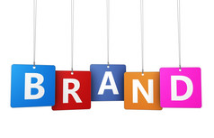 品牌市场营销概念与标志而且文本色彩斑斓的挂标签为品牌设计而且业务孤立的白色背景
