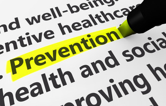 预防医疗保健概念与呈现医疗相关的单词而且预防文本突出显示与黄色的标记