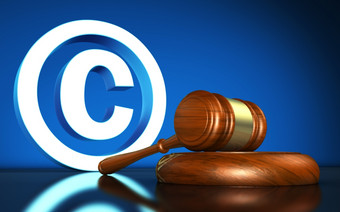 知识财产而且数字版权法律概念上的插图与版权象征而且图标而且槌子蓝色的背景