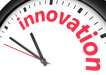 时间为创新业务概念与时钟和创新词和标志印刷红色的渲染图像