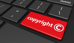 知识财产和数字版权法律概念上的插图与版权象征和图标红色的电脑键盘按钮